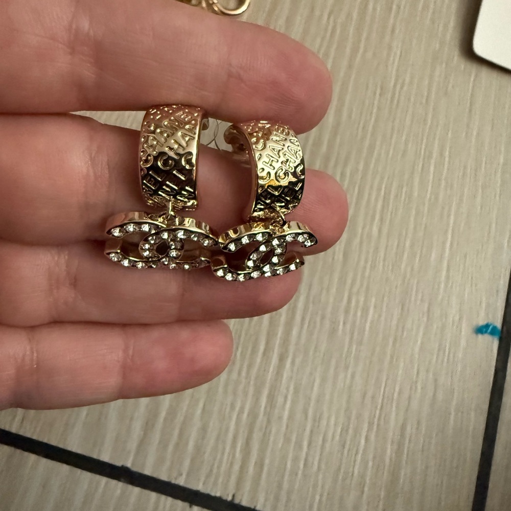 Naw upcycled Chanel Gold with rhinestone Crystal Logo Earrings - Picture 5 of 9
